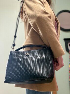 Sam Edelman Eva Black Woven Leather Satchel Crossbody with Top Handle - NWT